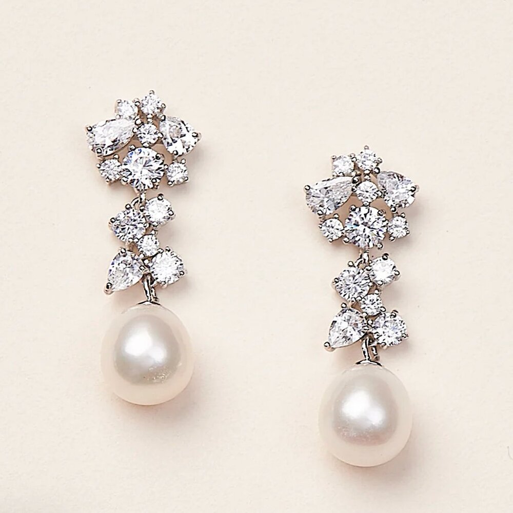 Anthropologie Silver Crystal and Pearl Drop Earrings